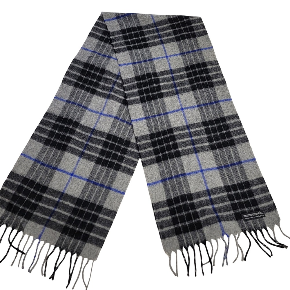 Mens NWOT 100% Lambswool Plaid Grey Black Blue Scarf‎ Woven in Great Britain